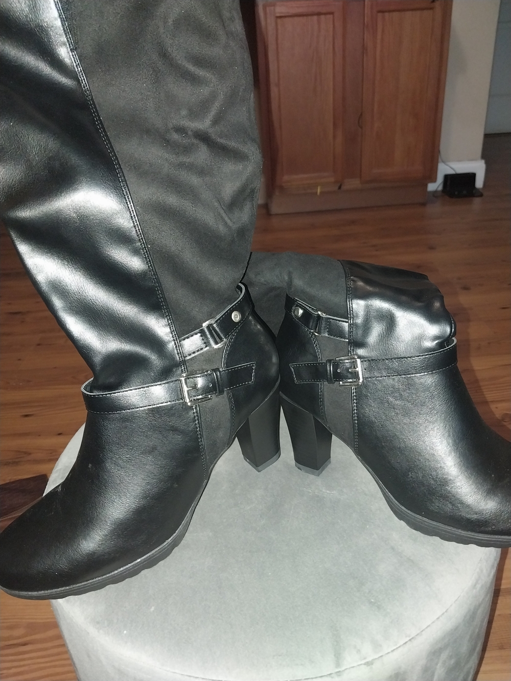 Women's Black Mid-Calf Heeled Boots - Stylish Buckle Detail